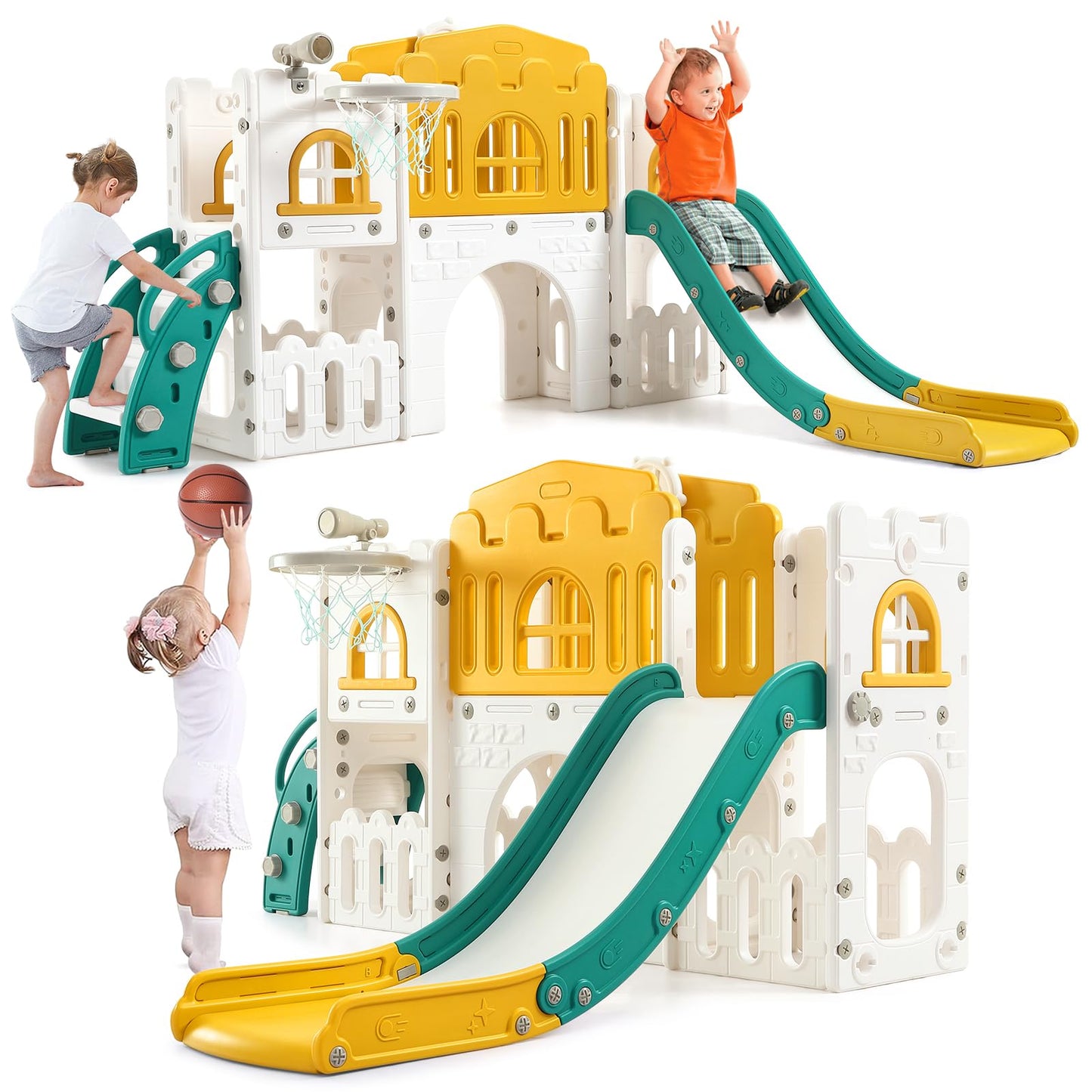 GAOMON 8 in 1 Toddler Slide Indoor Playground, Indoor Slide Toddler Playset for Toddlers 1-3, Kids Outdoor Playground with Slide, Basketball Hoop, Climber, Crawling Tunnel, Telescope, Toy Storage