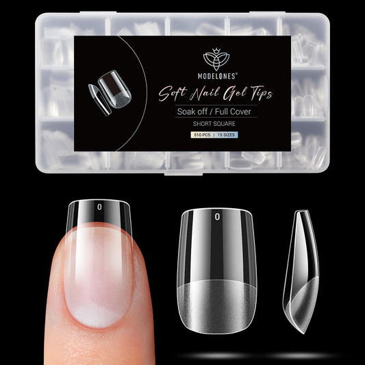 Modelones Short Square Nail Tips - 510Pcs Gel Fake Nail Tips Pre-shaped Half Matte Full Cover Clear Acrylic Gel Kit False Press on Nails for Extension DIY Salon 15Sizes