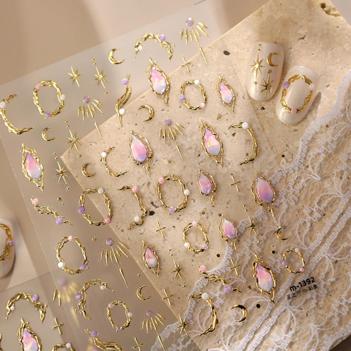 5D Embossed Gold Nail Stickers for Nail Art Moon Star Nail Art Stickers with Pearl Design Pink Gemstone Nail Decals Moon Nail Design Supplies for Women Girls