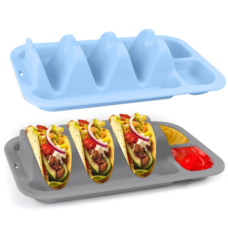 Silicone Taco Plates Holder Set of 2 - Reusable Taco Plates with Dividers & Dip Bowls, Holds 3 Tacos Stand | Microwave & Dishwasher Safe, Heavy Duty Non-slip Taco Tray Stands for Hard/Soft Shells