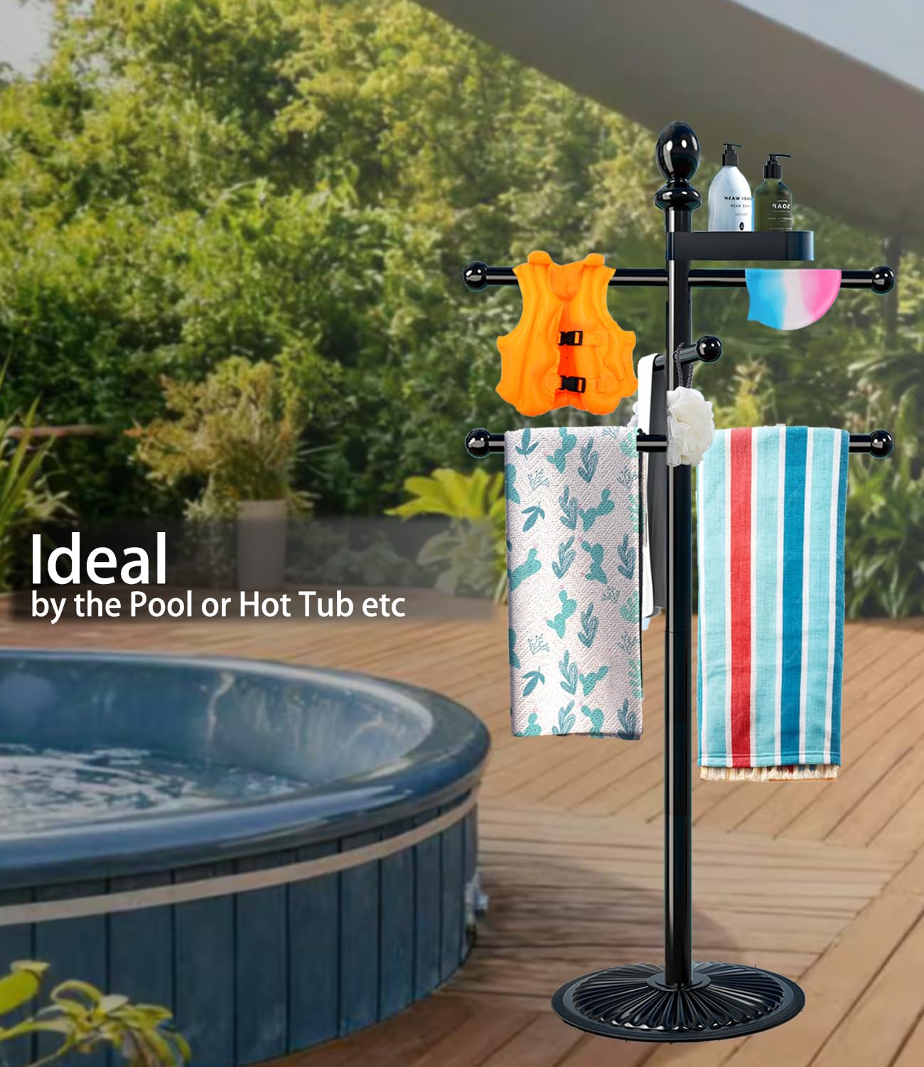 Yozoluck Pool Towel Rack Outdoor, 6 Bars Metal Heavy Duty Never Tilt Pool Accessories with Heavy Metal Base, Hot Tub Accessories Towel Dying Rack Towel Stand for Pool, Spa