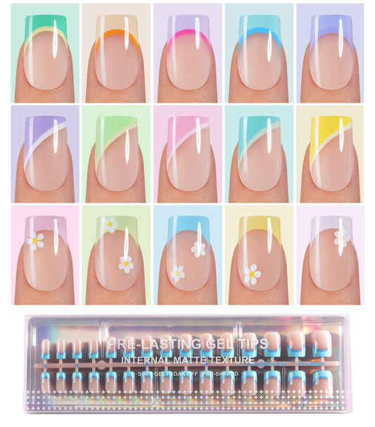 Plauva 450Pcs Short Press On Nails, French Tip Press On Nails Square, Soft Gel Stick On Nails Reusable Fake Nails for Women 15 Sizes