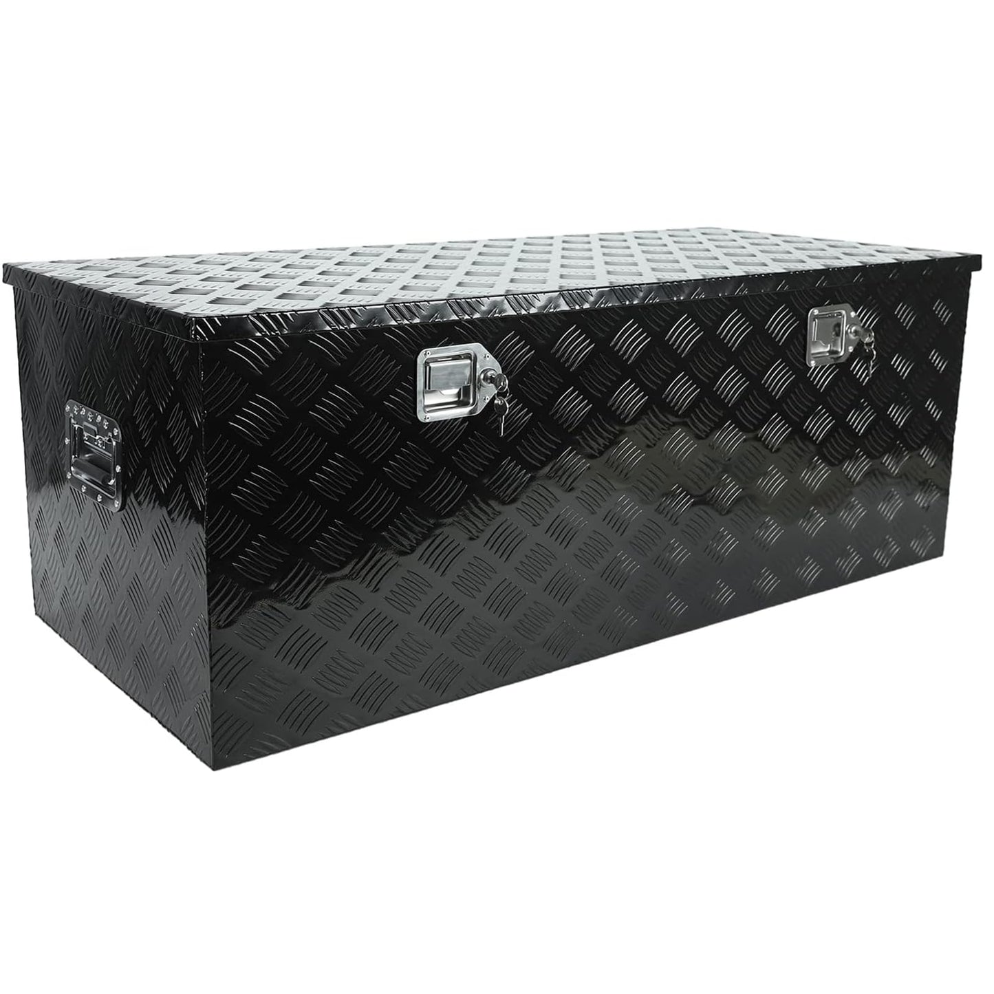 confote 48 Inch Heavy Duty Aluminum Stripes Plated Tool Box Pick Up Truck Bed RV Trailer Toolbox Square Storage Organizer with Side Handle, Lock and Keys, Waterproof -48"x 19.5"x 17.5"，Black