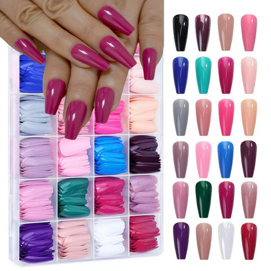 576Pcs Long Coffin Press on Nails Full Cover Color Fake Nails with Designs Glossy Summer False Nails 24 Solid Color Acrylic Glue on Nails Reusable Ballerina Stick on Nail for Women Girls Nail Art DIY