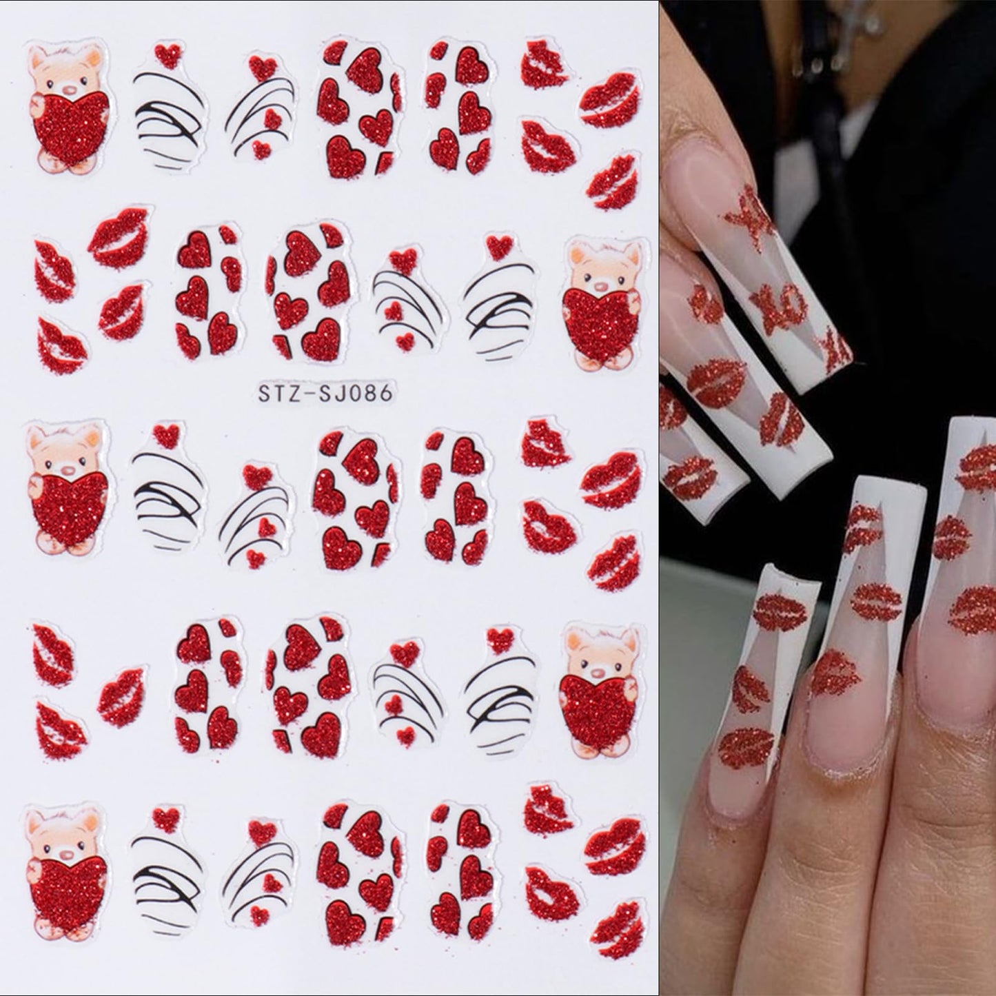6pcs Valentine's Day Nail Art Stickers 3D Heart Shape Self-Adhesive Cute Bear White Red Pink Love Heart Design Nail Decals Gold Curve Design Nail Decals Suitable for Women Girls Nail Art Decoration