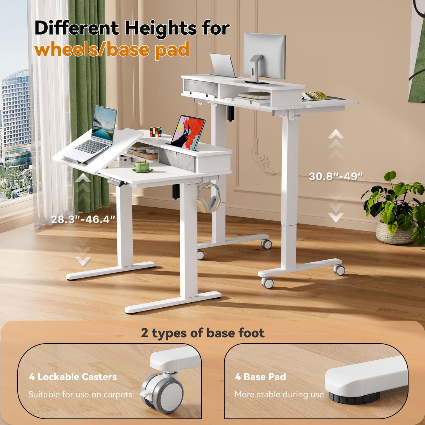 White Standing Desk，60° Tiltable Height Adjustable Electric Rising Desk，40Inch Foldable Mobile Laptop Table with Shelf,Monitor Stand, Drawer ,Flippable Drafting Workstation on Wheels for Kids’ Drawing