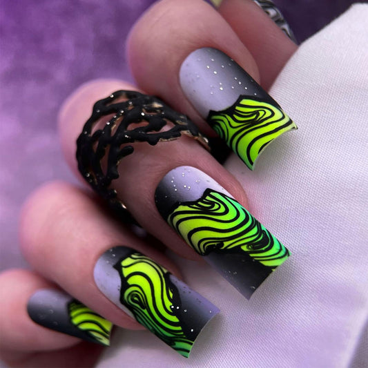 Neon Green Abstract Press on Nails, Gray Black Gradient Fake Nails with Matte, Medium Square False Nail for Punk Y2K Style, Green French Tips Stick on Artificial Fingernails for Women Party Daily Wear