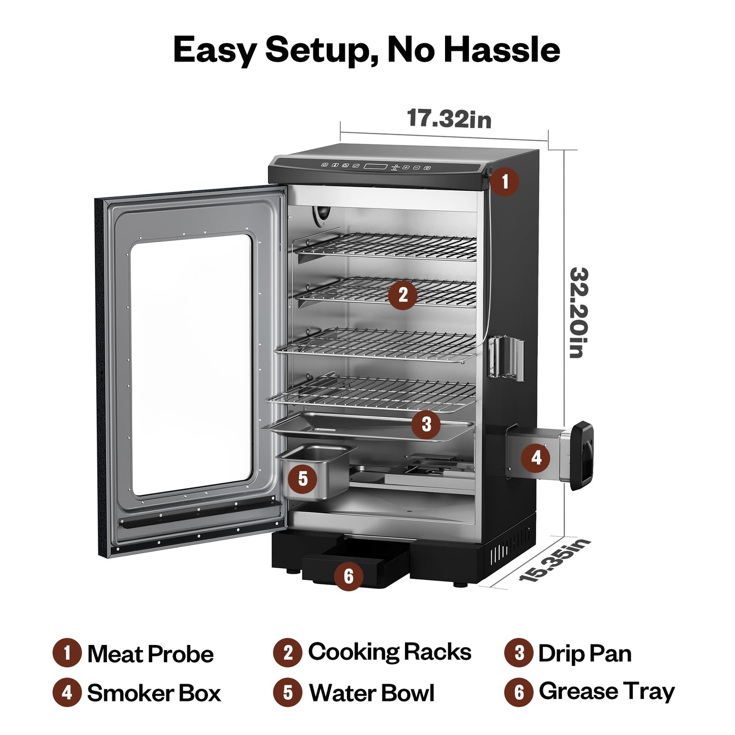 EAST OAK 30" Electric Smoker for Outdoors | Built-in Meat Probe Up to 6× Longer Smokes on a Single Load | Side Chip Loader for Smoking | Bigger Batches with 725 sq in Cooking Area, Mist Silver