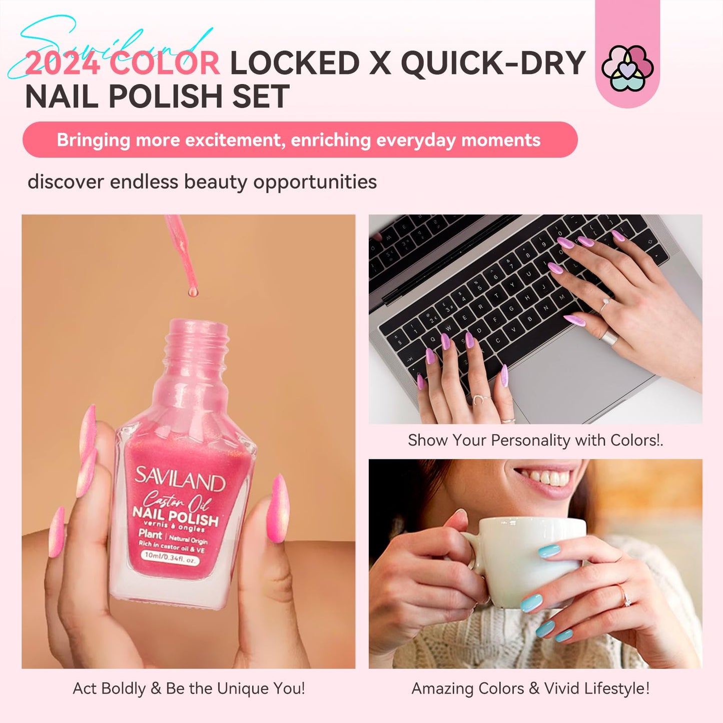 SAVILAND 6pcs Ombre Nail Polish Sets: Charm Pink Blue Gold Purple Pearl Summer Fingernail Polish Colors Air Quick Dry Nail Polish Plant-base Castor Oil Natural Nail Lacquer Women Home Manicure DIY