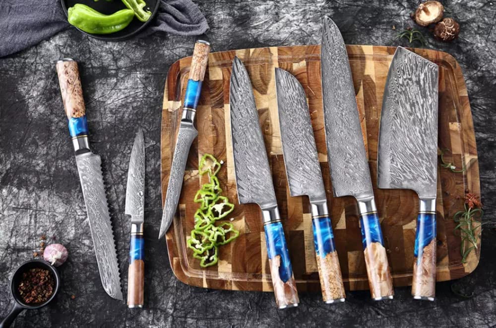 Epicurean Cook Damascus Kitchen Knife Set with VG10 Steel - 8-Piece Japanese Damascus Knife Set for Professional Performance - Ultra Sharp Chef Knives with Blue Resin Burl Wood Handles