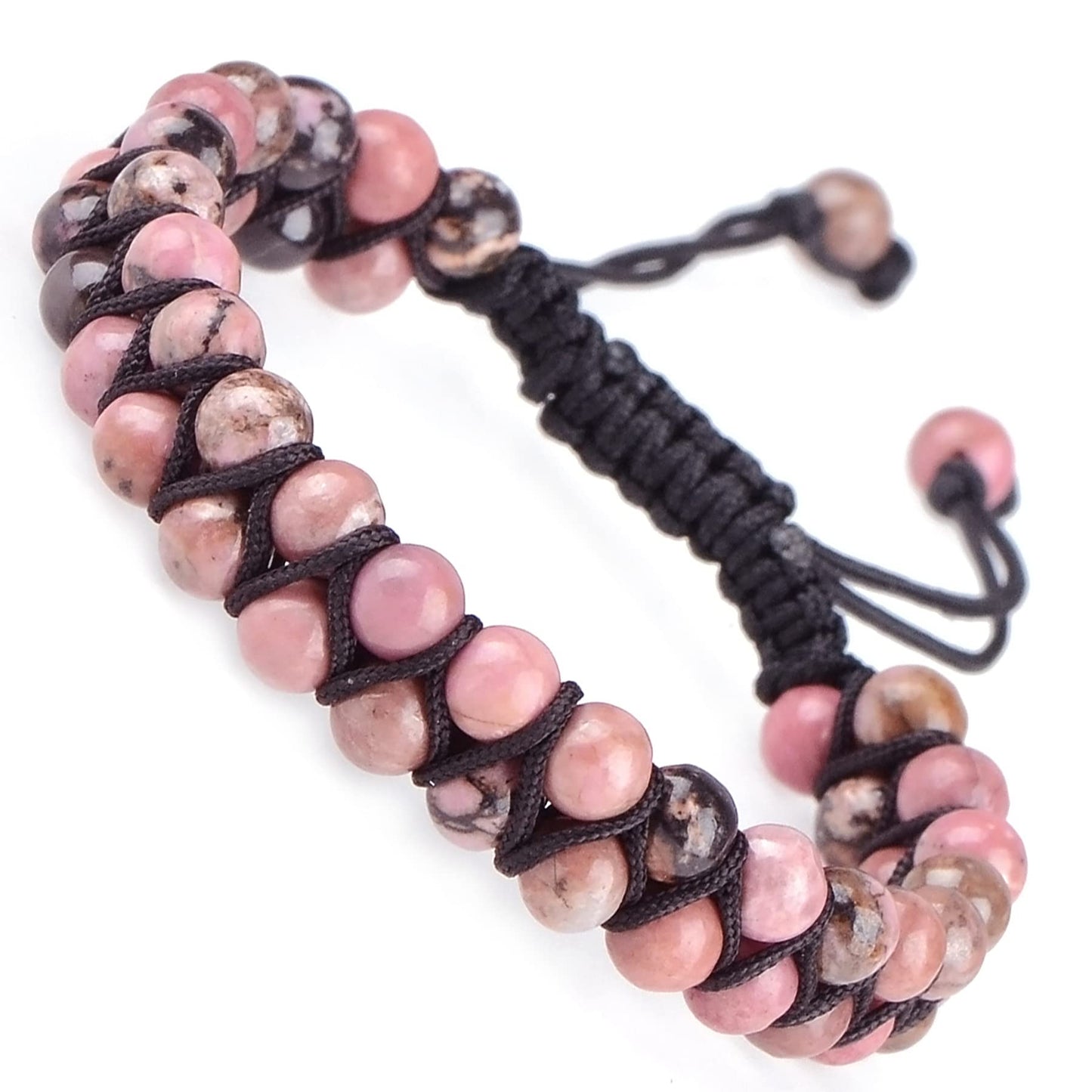 MASSIVE BEADS Natural Chakra Healing Power Crystals Macrame Bracelet Yoga Double Layer Stone Beads Gemstone Meditation Relax Anxiety Bangle for Unisex Women Men (Pink Black Rhodonite, 6mm)