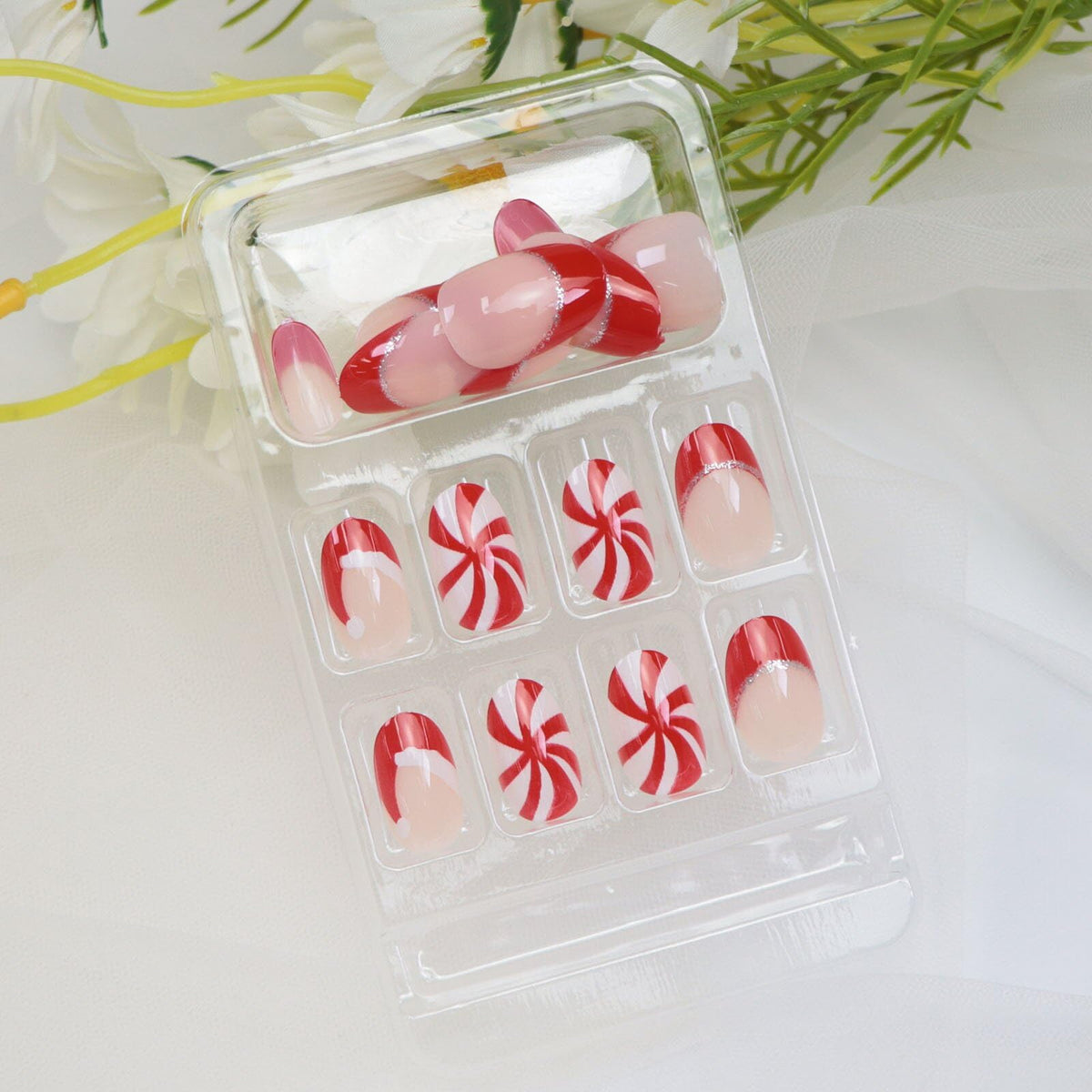 Christmas Press on Nails Short Oval French Tip Fake Nails with Swirl Glitter Designs Christmas Nails Press ons White Red Glossy Acrylic Nail Winter Stick on Nail for Women 24 Pcs