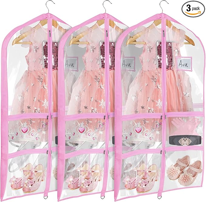 Univivi Clear Pink PVC Dance Costume Bags (3 Pack) Garment Bag 40 Inch for Dance Competitions, with 4 Medium Clear Zipper Pockets and 1 Large Back Zippered Pocket [Upgraded Version]