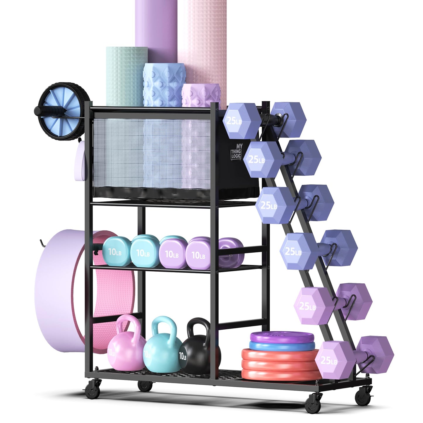 Mythinglogic Dumbbell Rack for Home Gym, Weight Rack for Dumbbells,Yoga Mat Holder for Yoga Mat and Kettlebells, Multifunctional Home Gym Storage Rack with Casters (New Black)