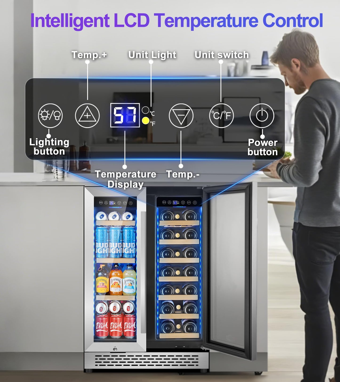 24 Inch Wine and Beverage Refrigerator, 90 Can & 21 Bottle Dual Zone Under Counter or Freestanding Wine Beverage Cooler, 3 LED Stainless-Steel Fridge with Glass Door Fast Cooling for Home/Kitchen