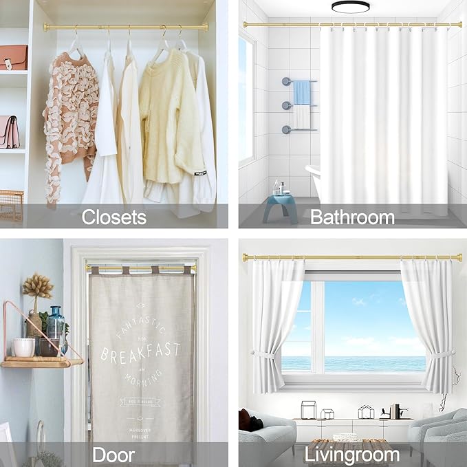 Thestoa Gold Shower Curtain Rod Adjustable 43-66 inch, 1"Diameter Spring Tension Curtain Rod No Drill, Anti-Rust Non-Slip Shower Rod for Bathroom