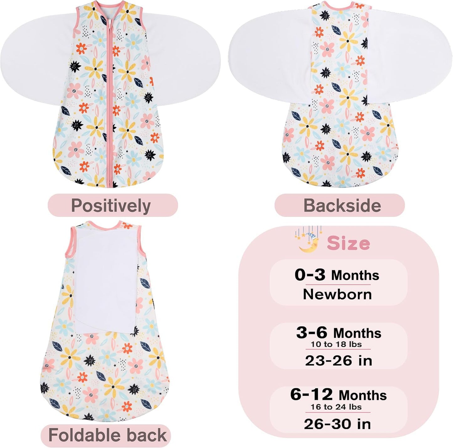 BSTOPPT Newborn Sleep Sack Baby Swaddle,3-6 Months,3-Way Adjustable Wearable Blanket,100% Rayon Cotton Swaddling Sleeping Bag，TOG 0.5（Heart&Floral）