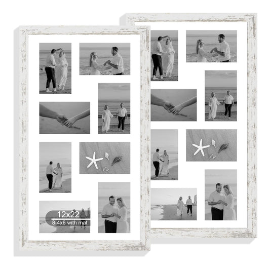 Hongkee 12x22 Picture Frame Set of 2, Distressed White with Glass Collage Frame, Display Eight Opening 4x6 Photos With Mat or 12 x 22 Newspaper Without Mat - Horizontal or Vertical Wall Mounting