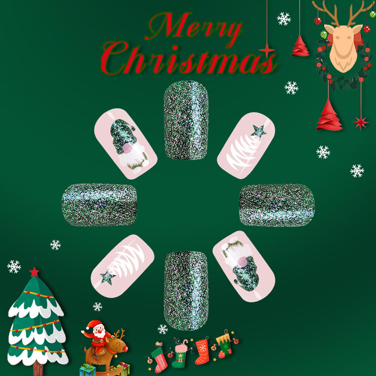 24Pcs Christmas Green Press on Nails Acrylic Full Cover Medium Square Fake with Santa Claus Dwarf Design Glossy False Nails Cute Glue on Stick on Nails for Women