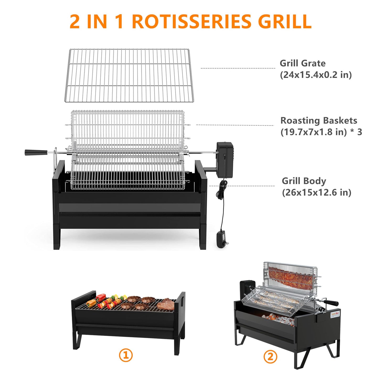 ONLYFIRE GRILLS 2 IN 1 Charcoal Grill Rotisserie Kit with 3 Stainless Steel Rotating Baskets and 24 In Grill Grate, Auto Swivel BBQ Roasting Machine for Outdoor Patio Backyard Barbecue, GS304