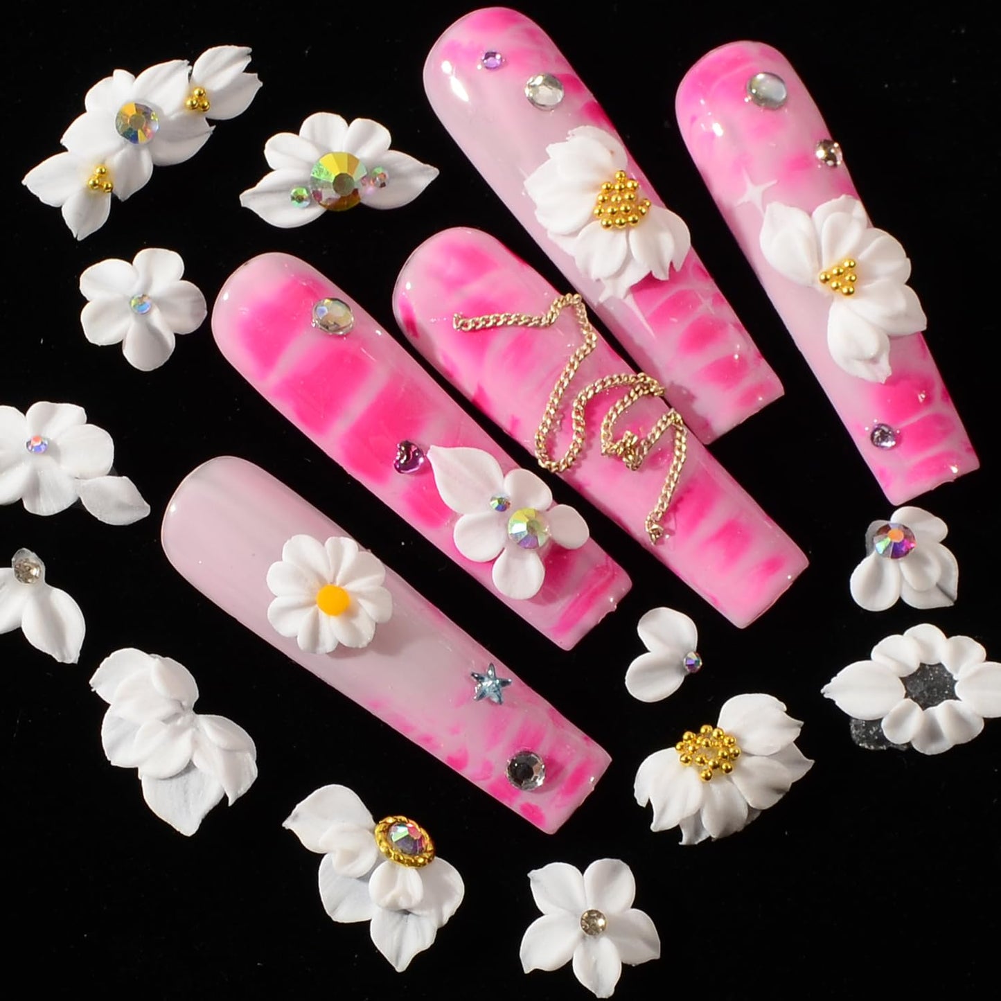 BAIYIYI 30pcs 3D Pure Handmade Acrylic Flowers Nail Charms with Rhinestones Wedding Festival Nail Art Spring Summer Nail Decoration White Flowers Charms DIY Suitable for Women Girls Gifts (01)