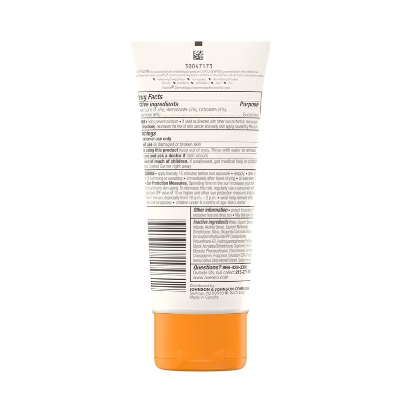 Aveeno Protect + Hydrate Moisturizing Sunscreen Lotion with Broad Spectrum SPF 30 & Prebiotic Oat, Weightless Sweat & Water-Resistant Full Body Sunscreen, Oxybenzone-Free, 3.0 fl. oz