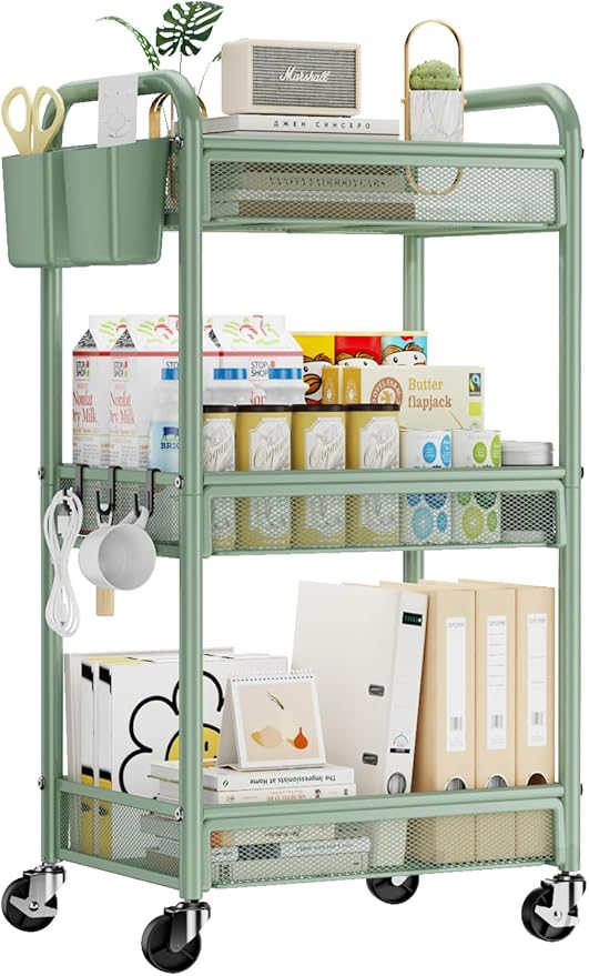 YASONIC 3 Tier Rolling Cart â Metal Utility Storage Carts with Wheels, Craft Carts Organizer with Hanging Cups, Hooks, Mesh Basket for Bedside Kitchen Office Art, Green
