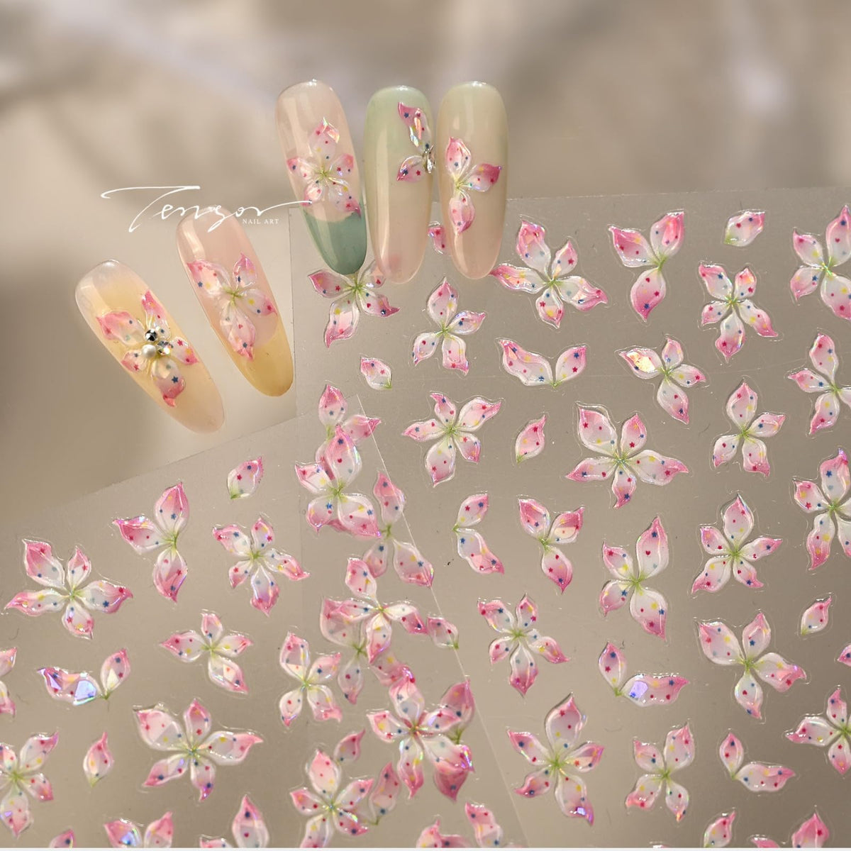5D Embossed Flower Nail Stickers Pink Floral Nail Decals Spring Nails Art Stickers Self Adhesive Design Nails Charms Supply for Women Manicure Decoration Accessories