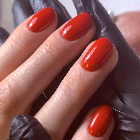 Red Press on Nails Short Square Fake Acrylic Solid Color False Glossy Glue on Stick on Nails for Women and Girls