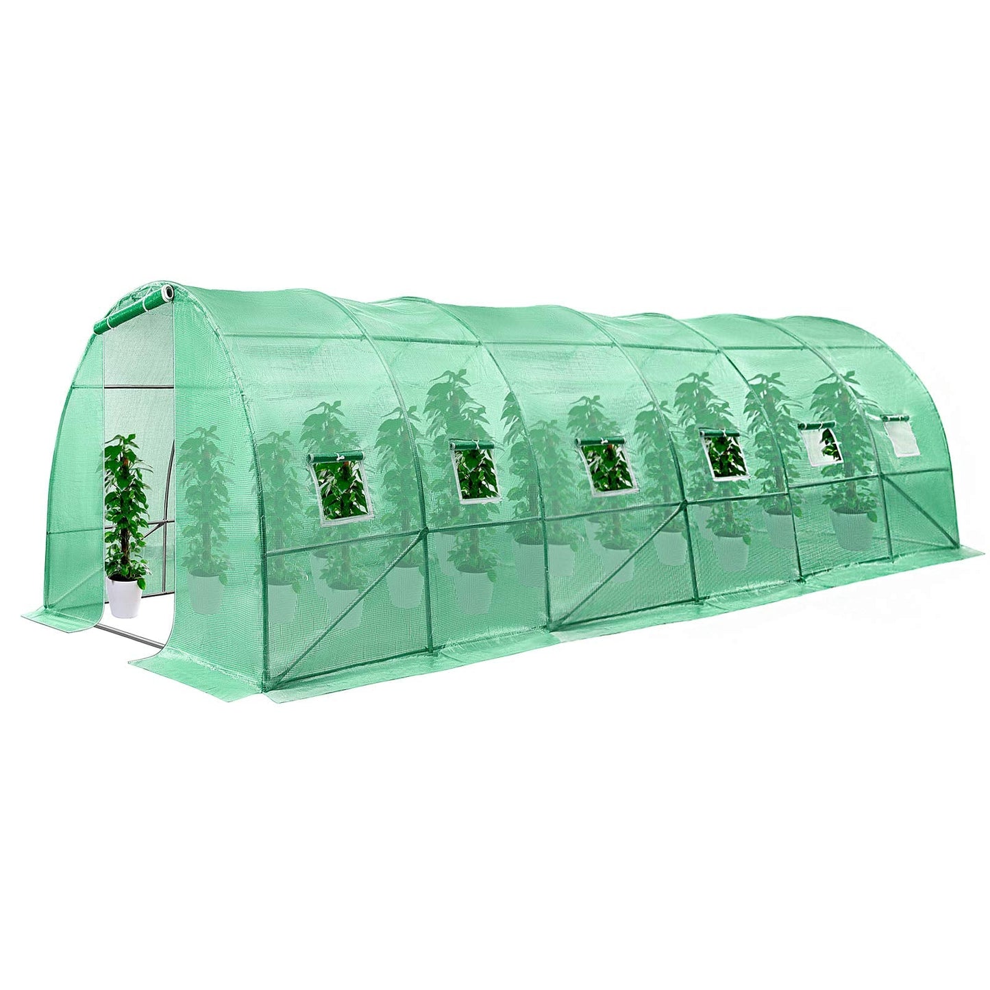 VIVOSUN 20x10x7 Ft. Large Walk in Greenhouse, Greenhouse Tunnel, Garden Plant Hot House with Green PE Cover, Roll-up Zipper Door and Window for Outdoor
