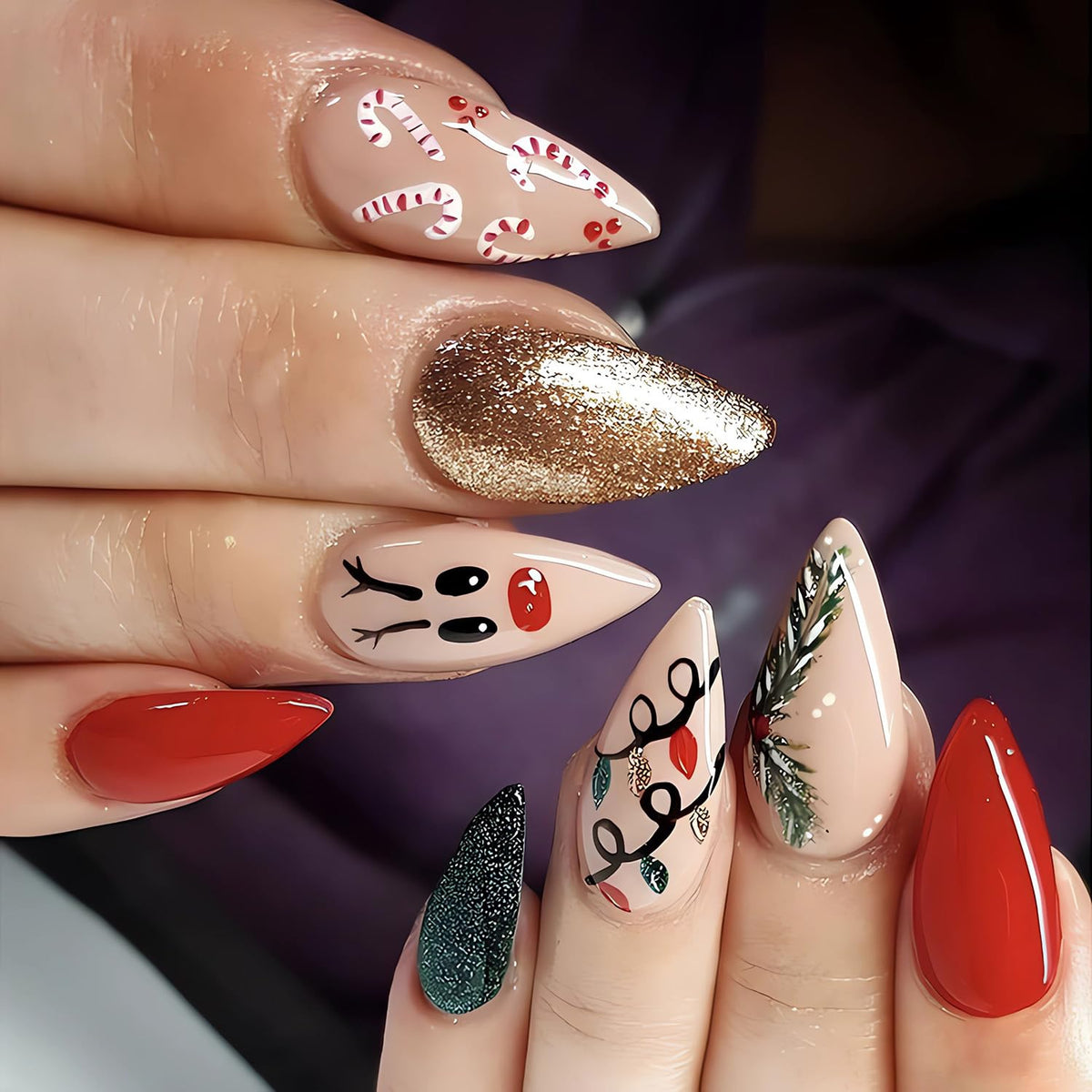 Cute Christmas Press on Nails Almond Fake Nails with Deer Glitter Cane Christmas Light Designs Medium Glue on Nails Glossy Winter False Nail Tips Full Cover Gel Artificial Nails Stick on Nails 24Pcs