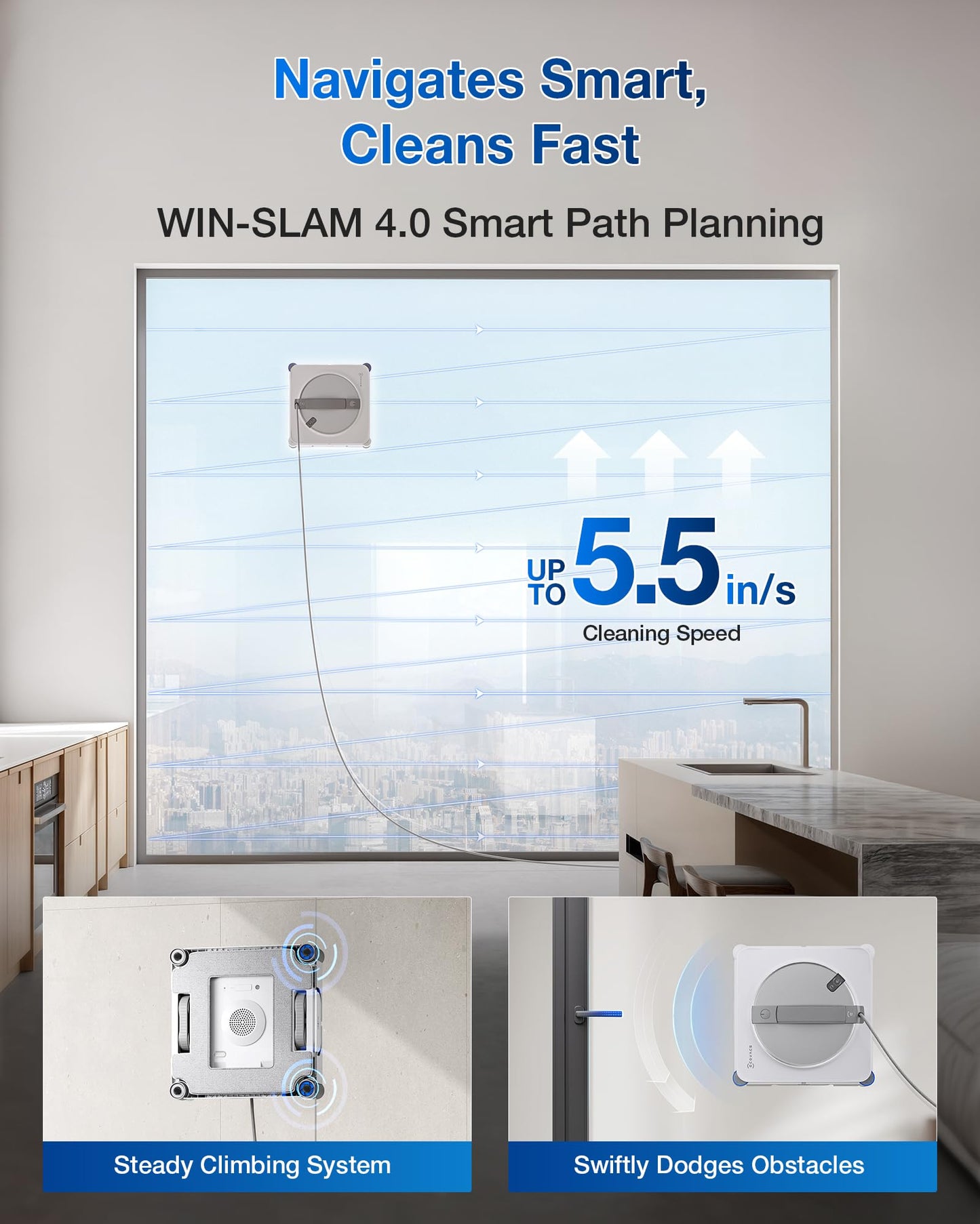 ECOVACS WINBOT W2S Window Cleaning Robot, Intelligent Edge-to-Edge Cleaning with TruEdge Scrubbers, 3 Water Nozzles, 10-Level Safety System, Win-SLAM 4.0 Route Planning, Even Climbing System