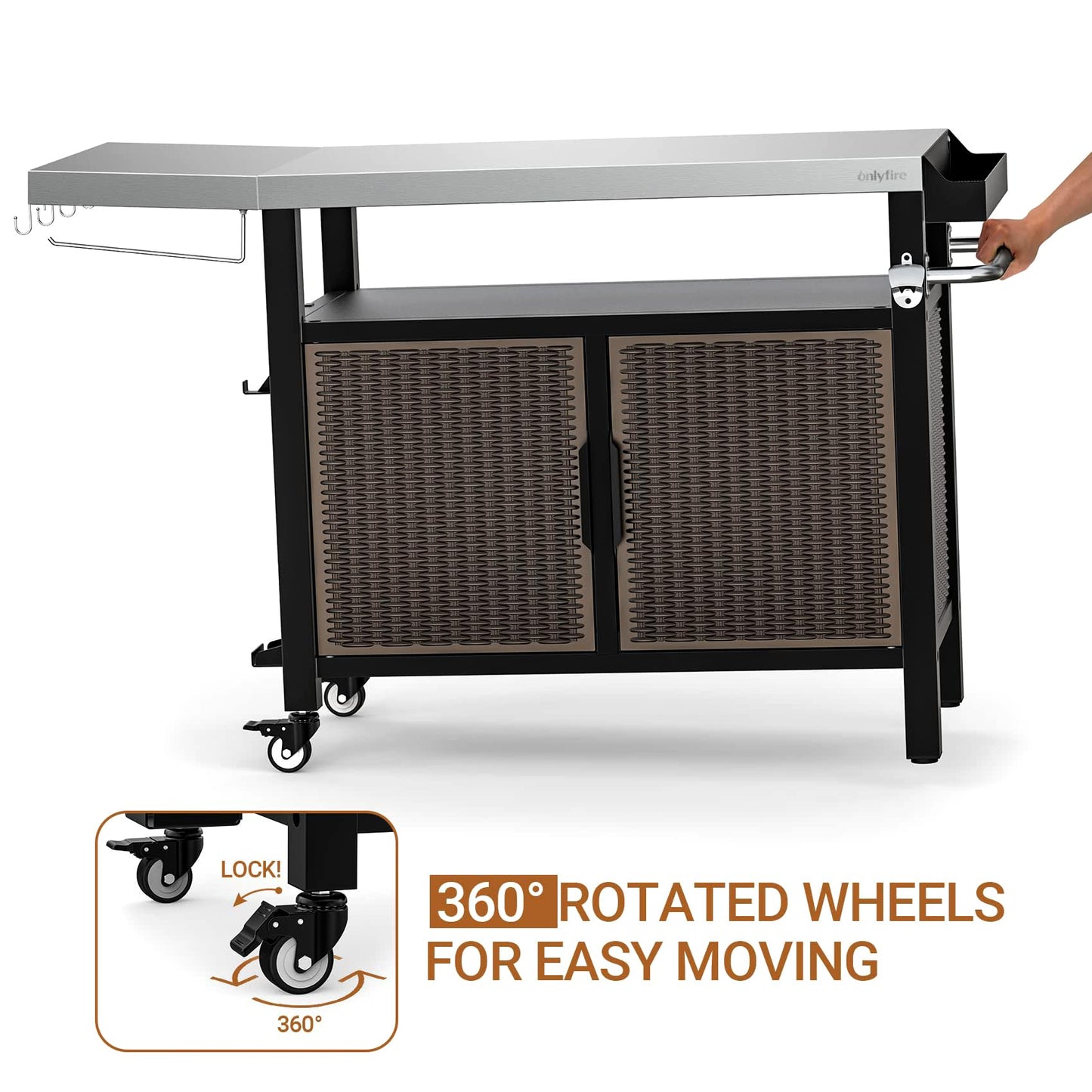 onlyfire 53-Inch Dining Cart Table Storage Cabinet with XL Stainless Steel Countertop, Rolling Kitchen Island Worktable with Side Shelf and Wheels for Indoor Outdoor