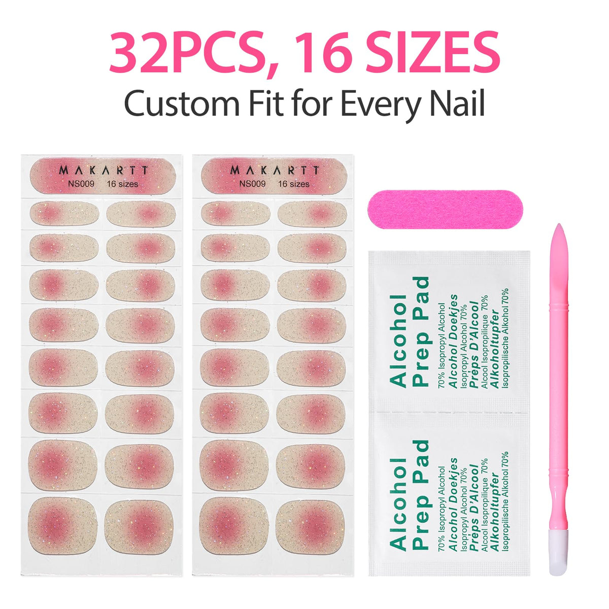 Makartt Semi Cured Gel Nail Strips Kit 2 Packs – Real Gel, Hema & TPO Free, 16 Sizes Anti-Lift Design, UV Required, Long Wear, Dual-Ended Tool & Prep Kit (Nude Ombre Glitter)