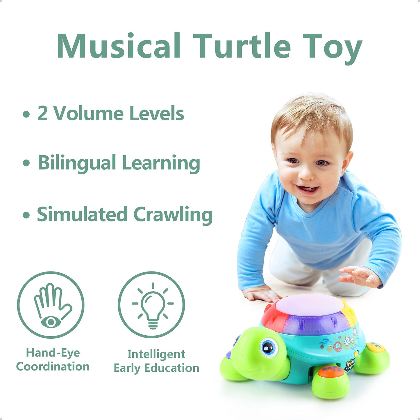 iPlay, iLearn Baby Musical Turtle Toy, Spanish English Bilingual Learning, Toddler Crawling Toys W/ Light & Sound, Infant Development Educational Birthday Gifts 6 7 8 9 10 12 Month 1 Year Old Boy Girl