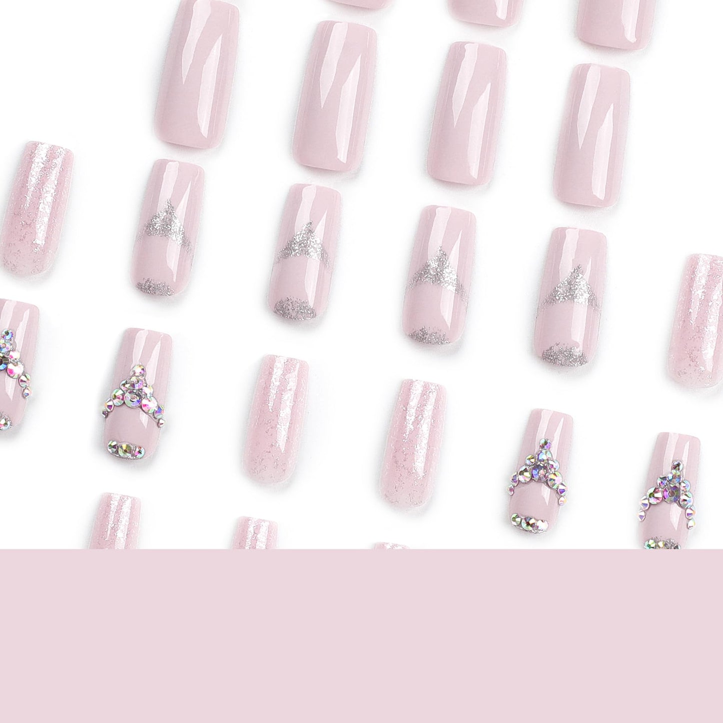 IMSOHOT Press on Nails Medium Square Rhinestone Pink Fake Nails Bling Glitter Glossy False Nail Artificial Glue on Nails Finger Manicure for Women and Girls 24pcs