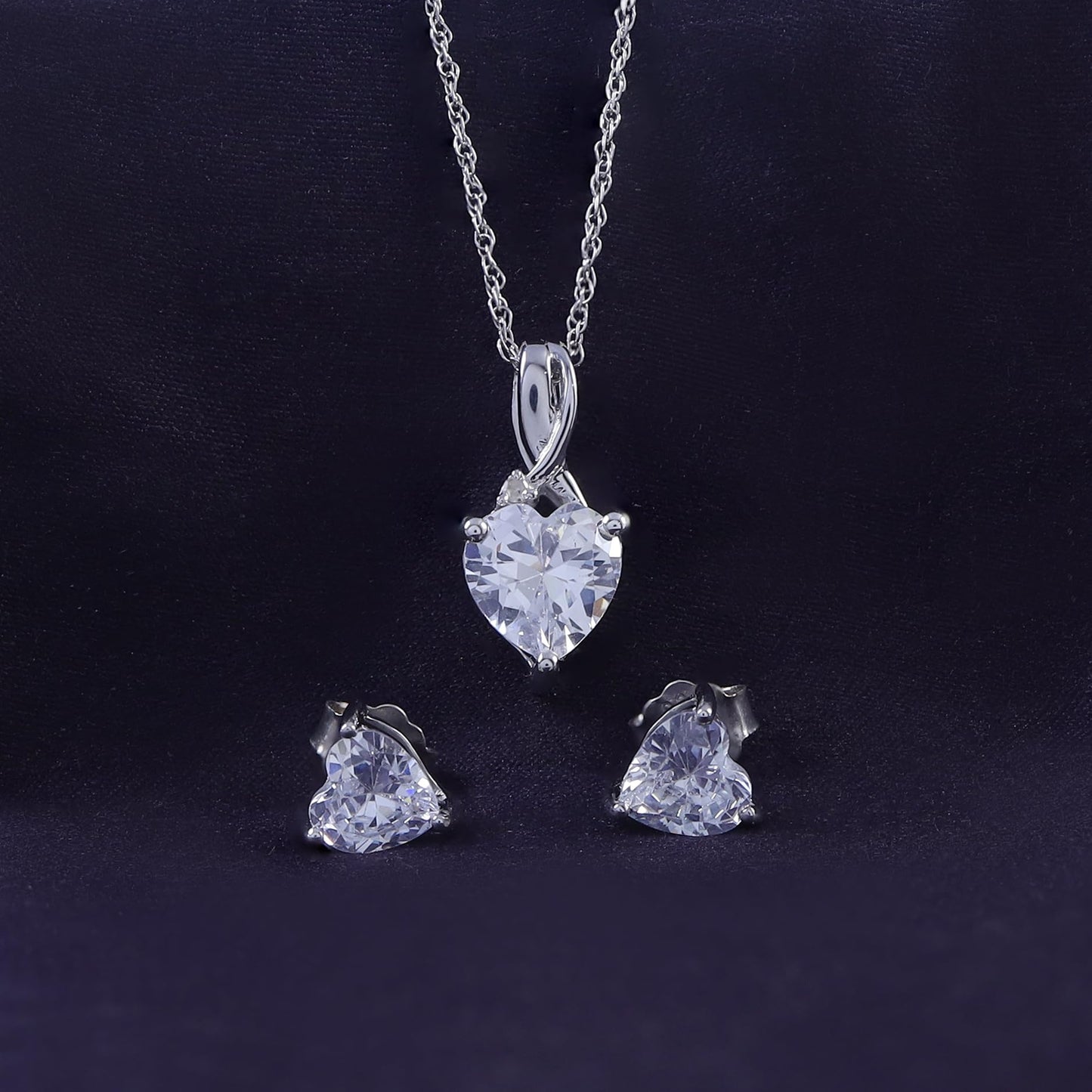 Heart-Shaped Simulated White Sapphire & Round Diamond Accent Pendant Necklace & Earrings Set for Women in 14K Gold Plated 925 Sterling Silver, 18" Rope Chain & Push Backs, Elegant Jewelry Gift