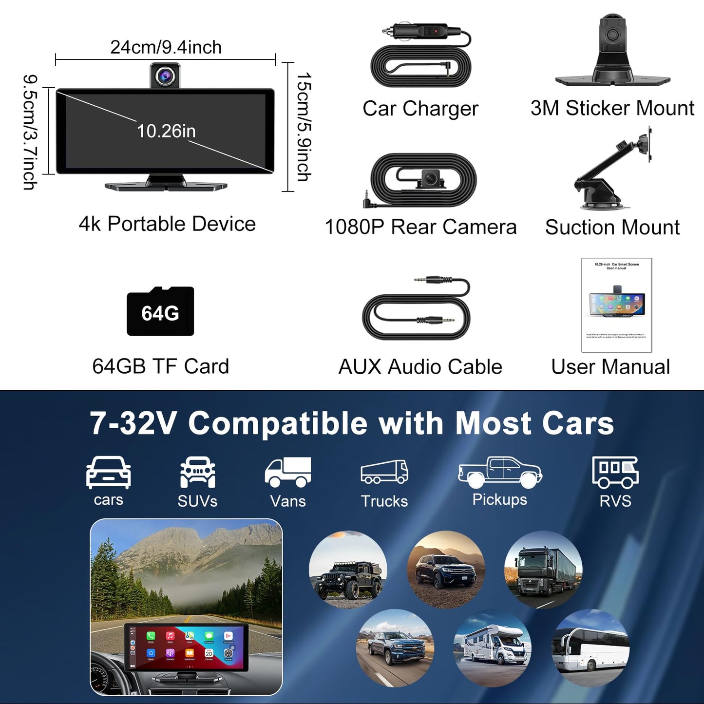 Carplay Screen for Car,10.26" HD Car Stereo for Apple Carplay & Android Auto -with Rotatable 4K Dash Cam & HD Backup Camera, Dual Front/Inside Recording, GPS Navigator for Cars,Trucks