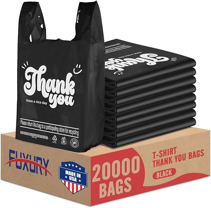 Fuxury 20000 (20K) Count - Plastic Thank You T-shirt Bags Black for Small Business (11.5" x 6.5" x 21"), Grocery, Take Out, To Go, Retail Shopping Bags in Bulk