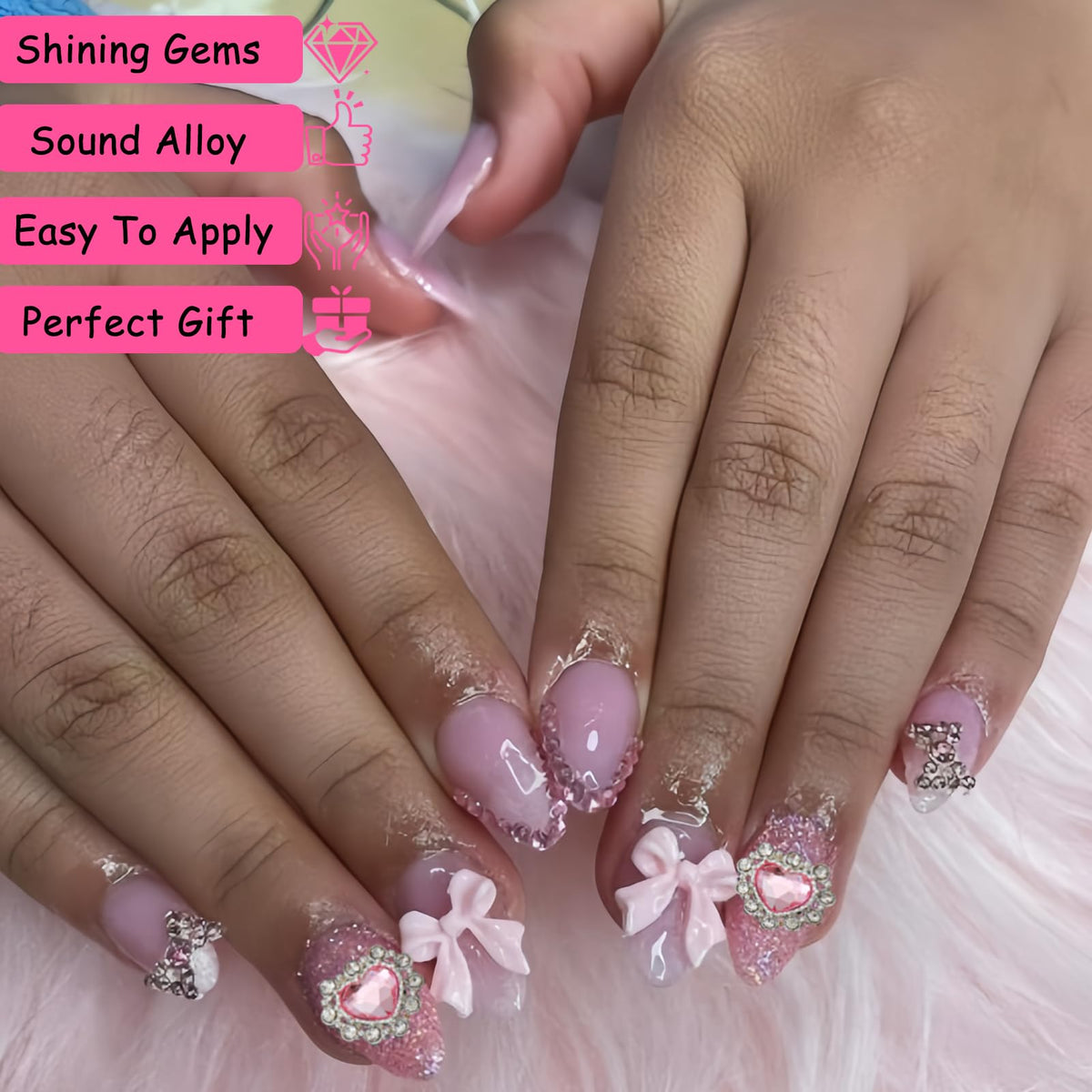 ZUMILLMN 52PCS Pink and Silver Metal 3D Nail Charms Bulk, Bow, Heart, Cherry, Cross and Star Charms for Nails-Shiny Nail Rhinestones for Nail Art, Manicure, DIY Jewelry Making
