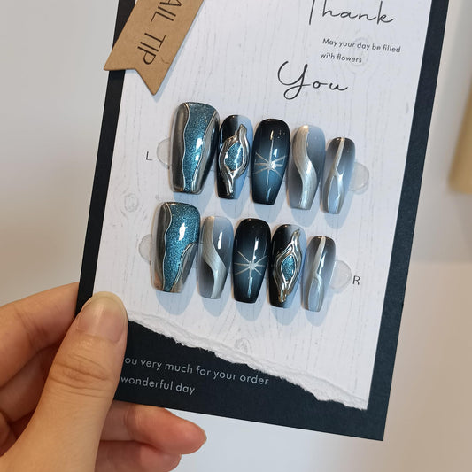 TENPAL Handmade Press On Nails With Tools,Black Blue Ombre 3D Cat Eye Coffin Fake Nails for Women,Glossy Metallic Airbrush Galaxy Designs Glue on Nails,Chrome Relief Punk Acrylic Nails 10pcs(XS)