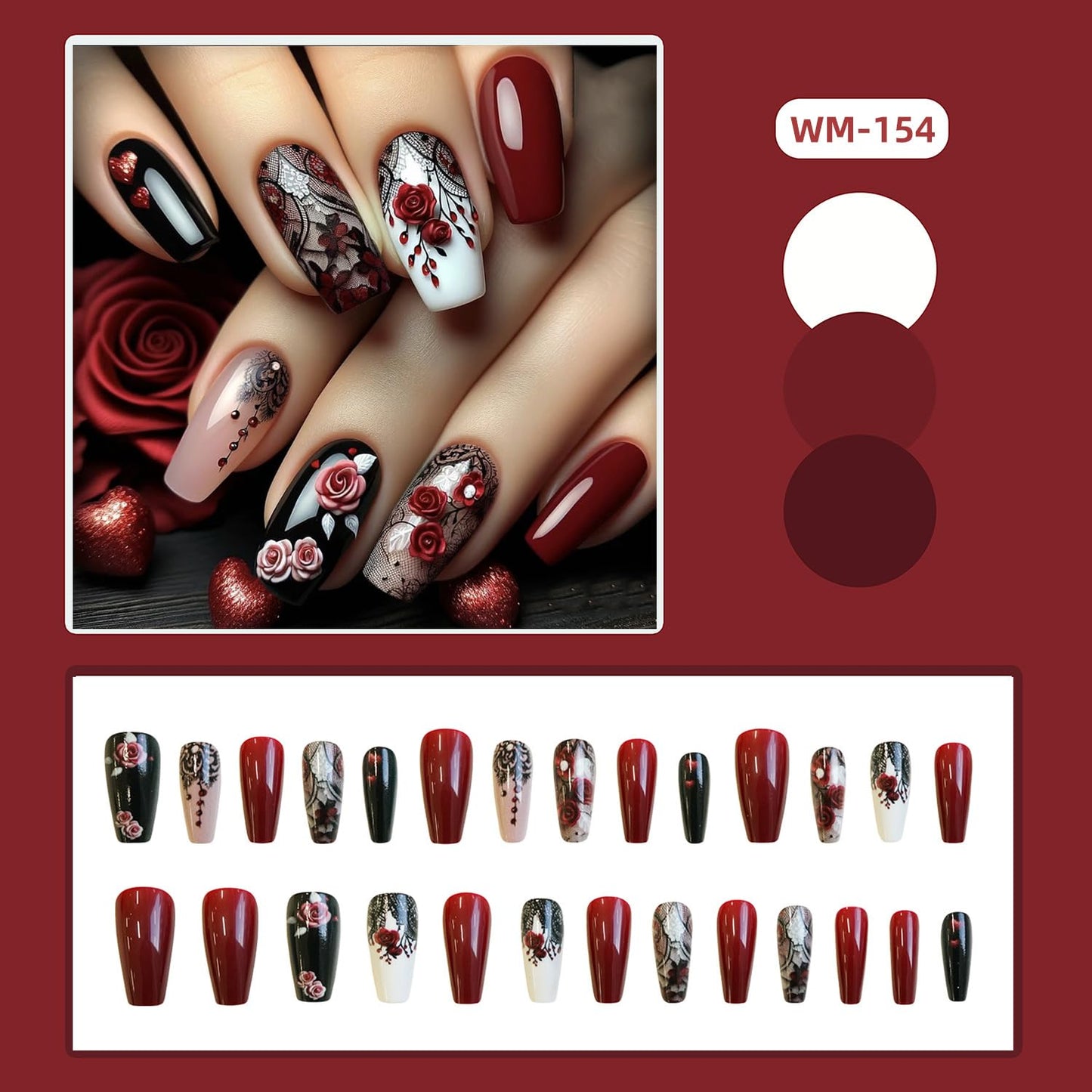 24Pcs Flower False Nails Red Press on Nails Medium Rose Flower Design Glossy Acrylic Nails Black Lace Fake Nails Valentine's Coffin Nails Heart Stick on Nails Full Cover Glue on Nails for Women