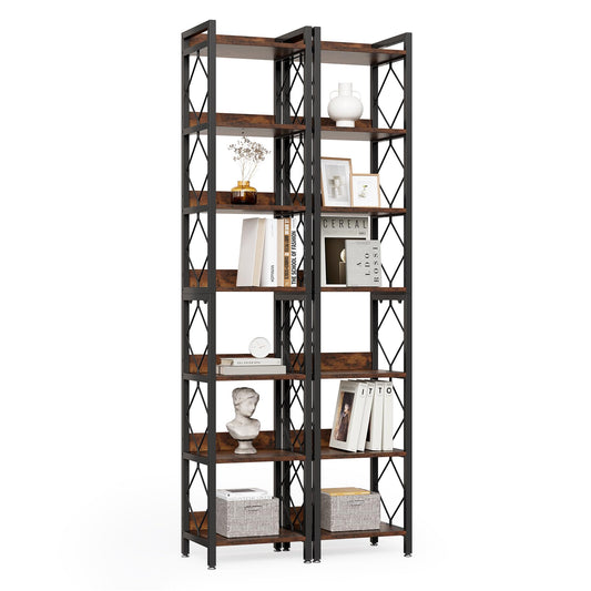 LITTLE TREE Book Shelf Set of 2, 7-Tier Tall Bookcase, Wooden Display Shelves with Metal Frame for Living Room, Modern Narrow Standing Bookshelves for Bedroom, Brown Office Shelf for Small Spaces