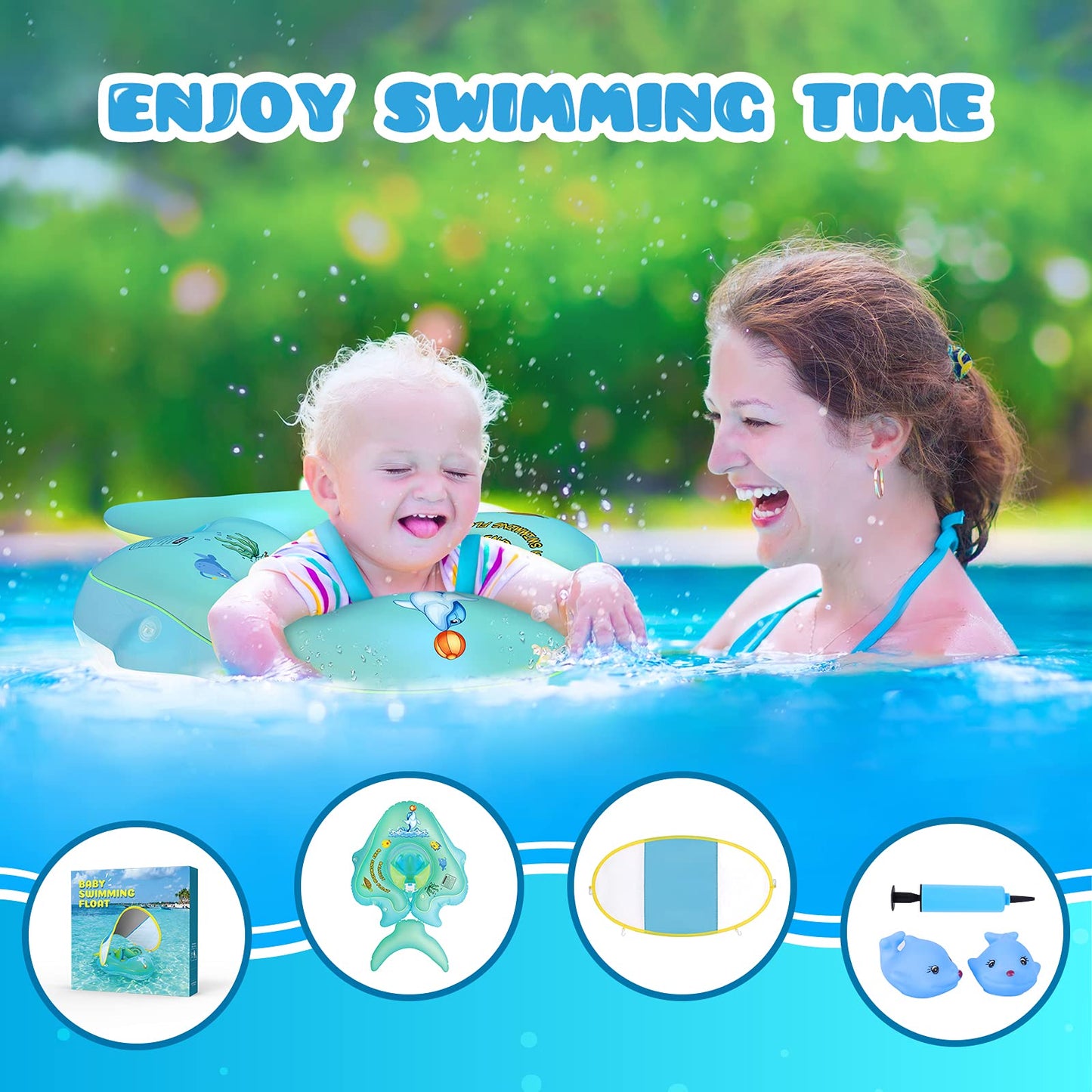 No Flip Over Baby Pool Float with Canopy UPF50+ Sun Protection, Sponge Safety Support Bottom, Fun Gifts Water Toys Accessories Inflatable Baby Swim Floats for Pool 3-36 Months