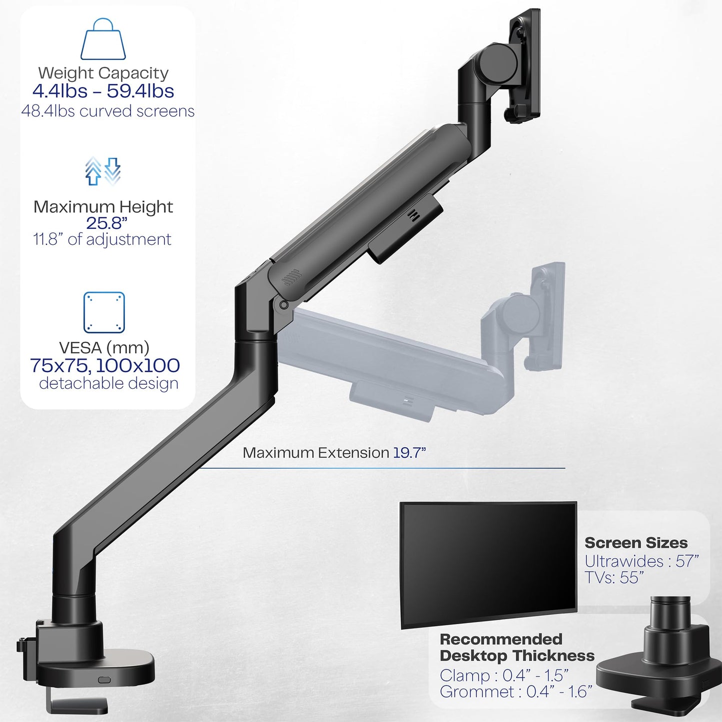 VIVO Heavy Duty Ultrawide Monitor Arm for 57 inch Screens up to 59.4 lbs, Desk Mount TV and Monitor Stand Designed for Samsung Odyssey Ark, Neo G9, ViewFinity S9, and More, Black, STAND-GT57