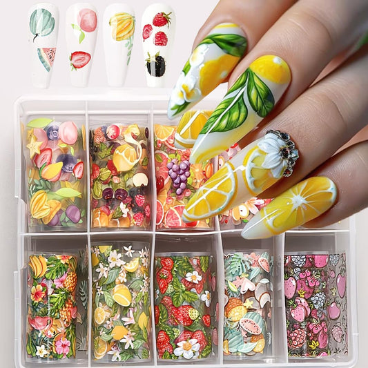 Fruit Nail Art Foil Transfer Stickers Summer Nails Foils Transfer Decals Lemon Strawberry Flower Fruit Nail Decals Nail Art Supplies Starry Sky Paper Nail Adhesive Slider for Women Manicure Decoration