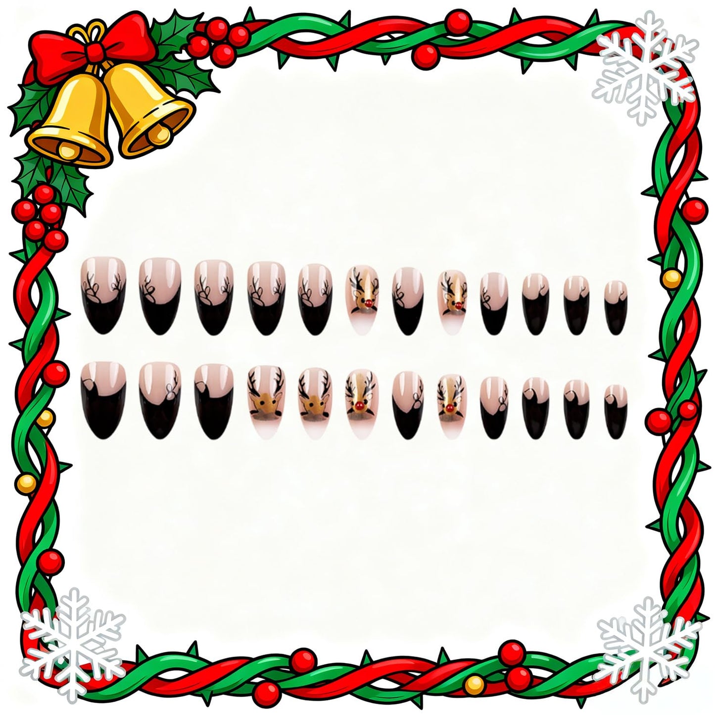 CJDLTS Christmas Press on Nails Short Artificial Almond Acrylic False Nails French Tip Fake Nail Elk with Glitter Design Stick on Nail Winter Full Cover Artificial Fingernails for Women Manicure