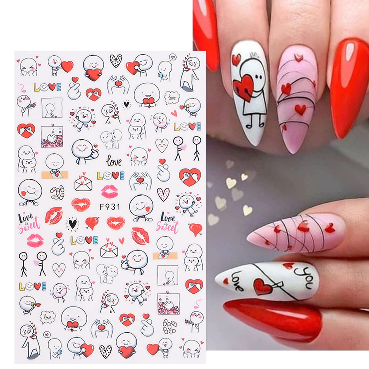 8 Sheets Valentine's Day Nail Art Stickers Decals,3D Self-Adhesive Nail Art Supplies Red Rose Lovers Lips Gnomes Designs Sticker Romantic Love Heart Manicure DIY Nail Decorations for Women Girls