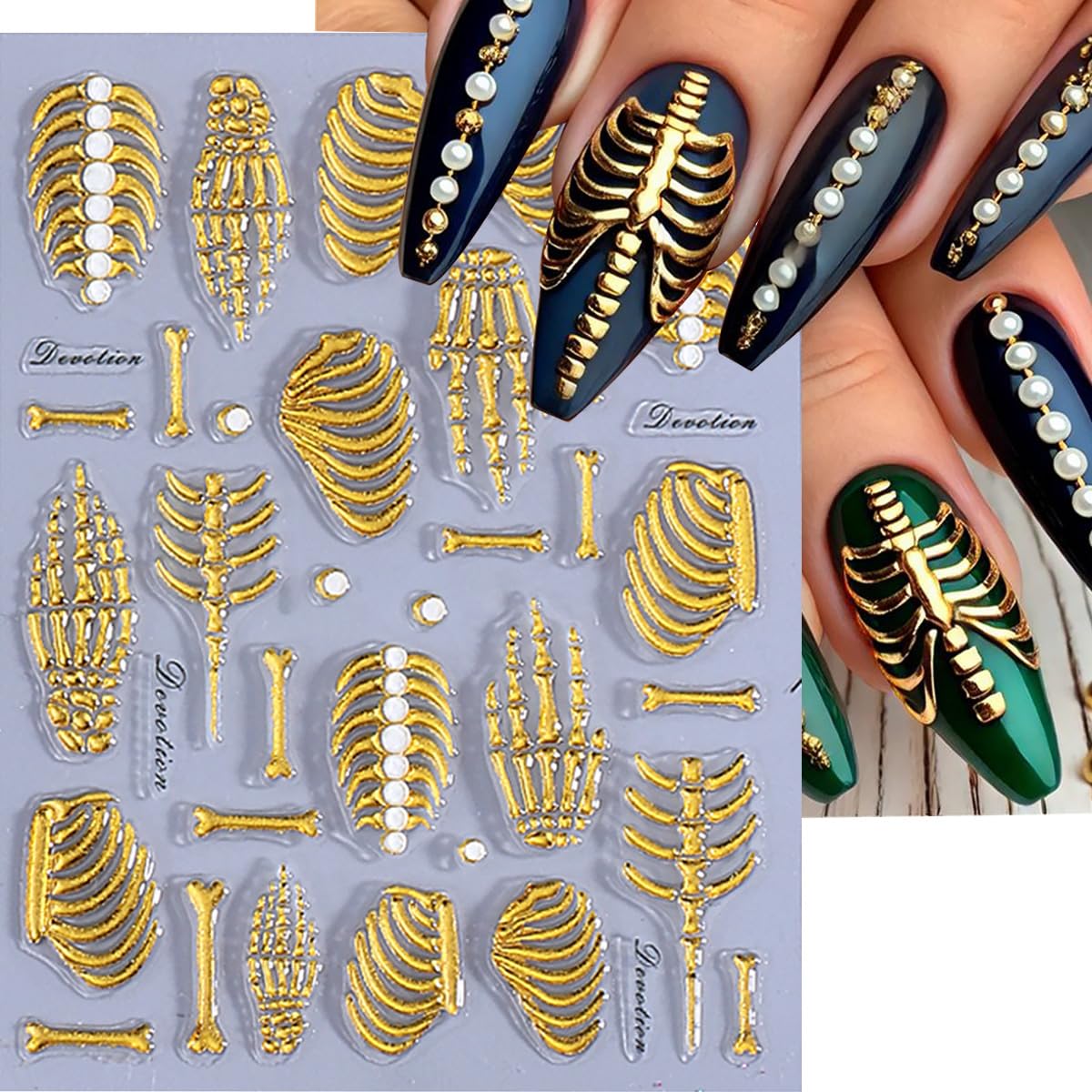 3 Sheets Halloween 5d Embossed Skeleton Nail Stickers for Nail Art Rose Flower Skeleton Nail Decals Self-Adhesive Pink Gold Nail Design Stickers Holiday Nail Art Supplies for Women Acrylic Nails