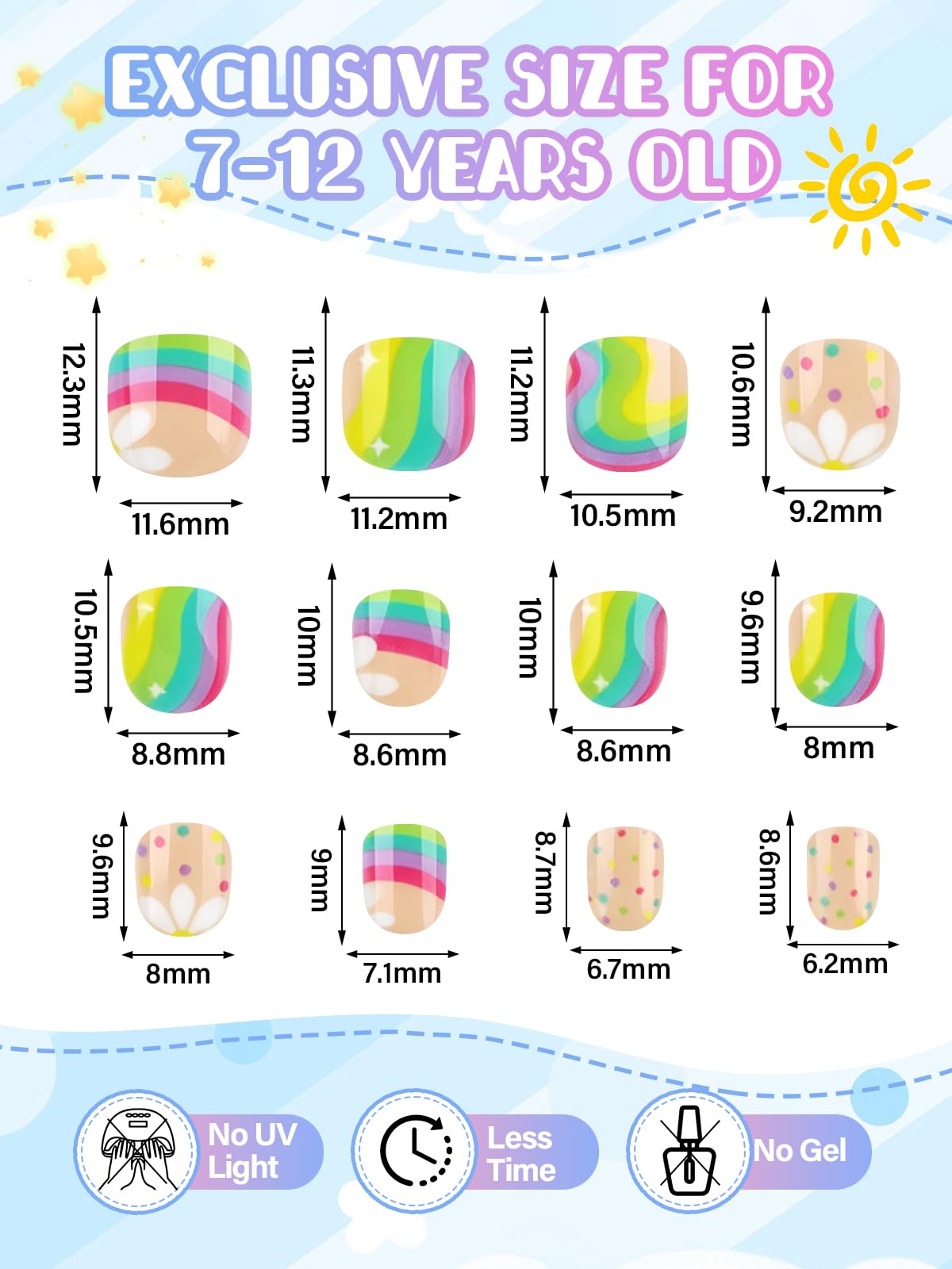 72 Pieces Press on Nails Kids, EBANKU Girls Fake Artificial False Nail Tips Pre Adhesive Pads Full Cover Press on Nails for Girls Nail DIY